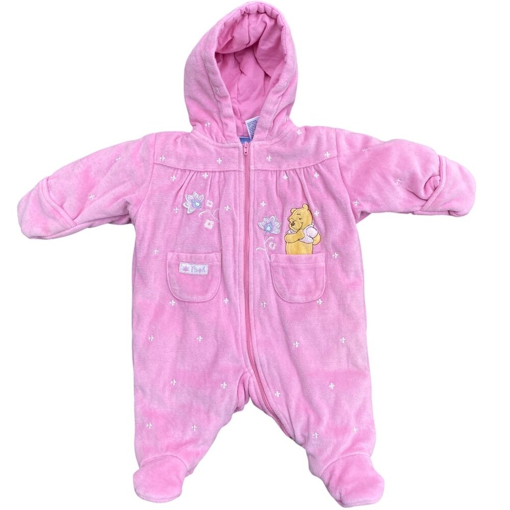 Vintage Disney Embroidered Winnie the Pooh Baby Girl Pink Velour Pram Suit-0-3M
